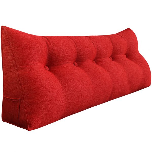 Triangular Reading Pillow Large Bolster Headboard Backrest Positioning Support Wedge Pillow for Day Bed Bunk Bed with Removable Cover (Linen Blend fabric, Red)