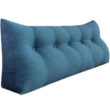 Triangular Reading Pillow Large Bolster Headboard Backrest Positioning Support Wedge Pillow for Day Bed Bunk Bed with Removable Cover (Linen Blend fabric, Blue)