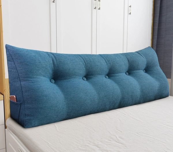Triangular Reading Pillow Large Bolster Headboard Backrest Positioning Support Wedge Pillow for Day Bed Bunk Bed with Removable Cover (Linen Blend fabric, Blue) - Image 4